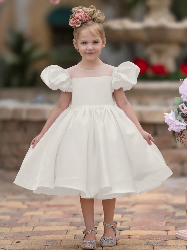 TinyTulle Elegant Puff Sleeve Satin A-Line Flower Girl Dress with Bow