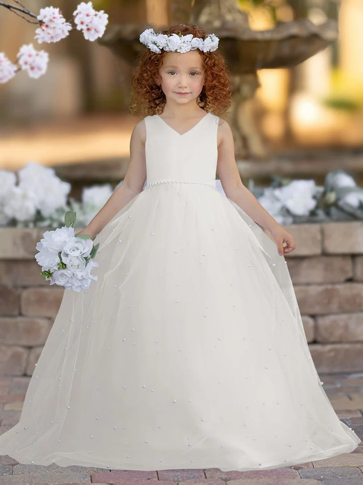 TinyTulle White Satin V-Neck Sleeveless Tulle Flower Girl Dress with Bow