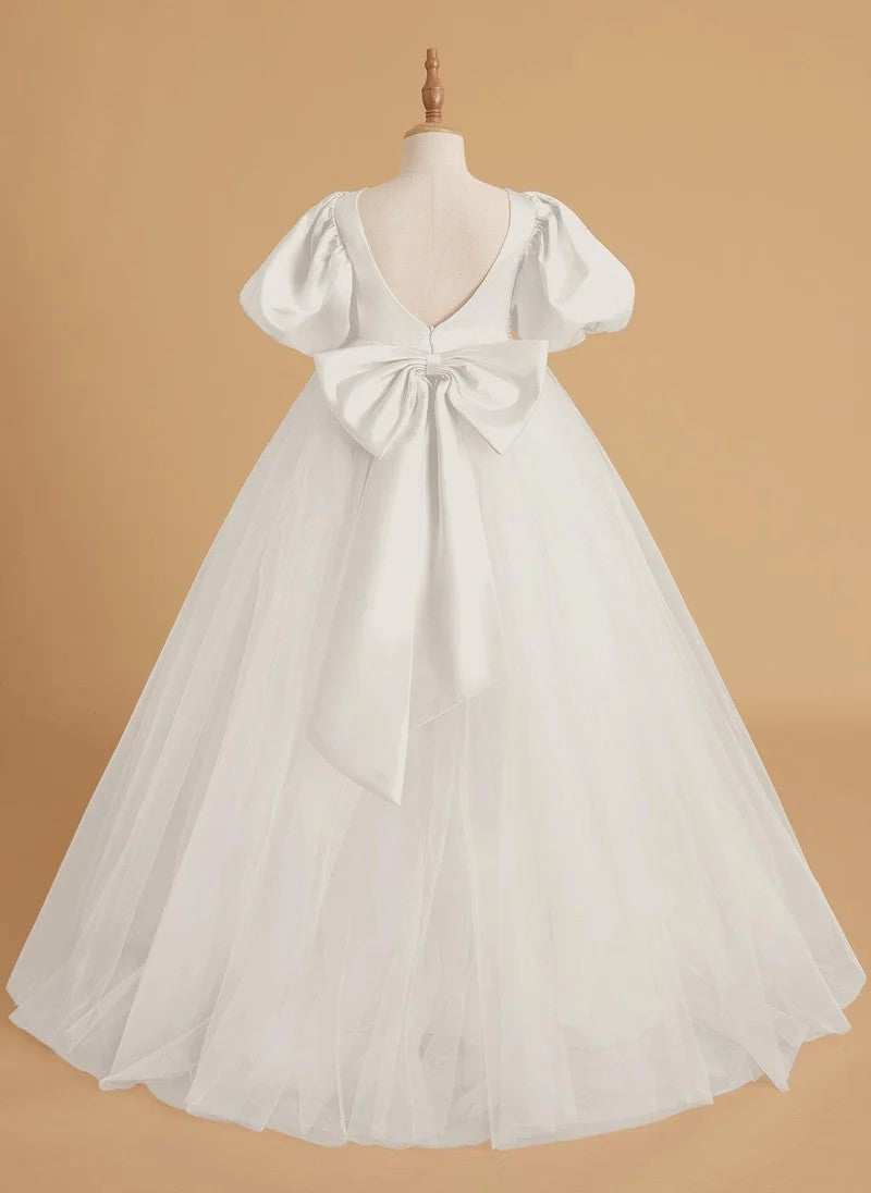 TinyTulle Elegant Satin &amp; Tulle Puff Sleeve Ball Gown with Beaded Waistband for First Communion &amp; Weddings
