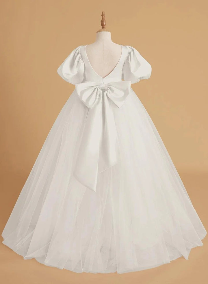 TinyTulle Elegant Satin &amp; Tulle Puff Sleeve Ball Gown with Beaded Waistband for First Communion &amp; Weddings