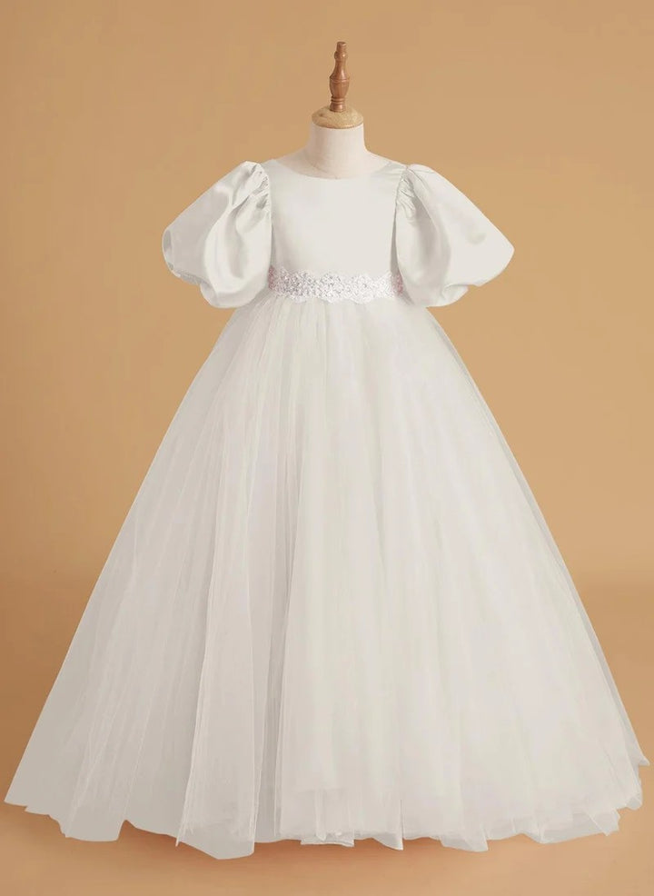 TinyTulle Elegant Satin &amp; Tulle Puff Sleeve Ball Gown with Beaded Waistband for First Communion &amp; Weddings