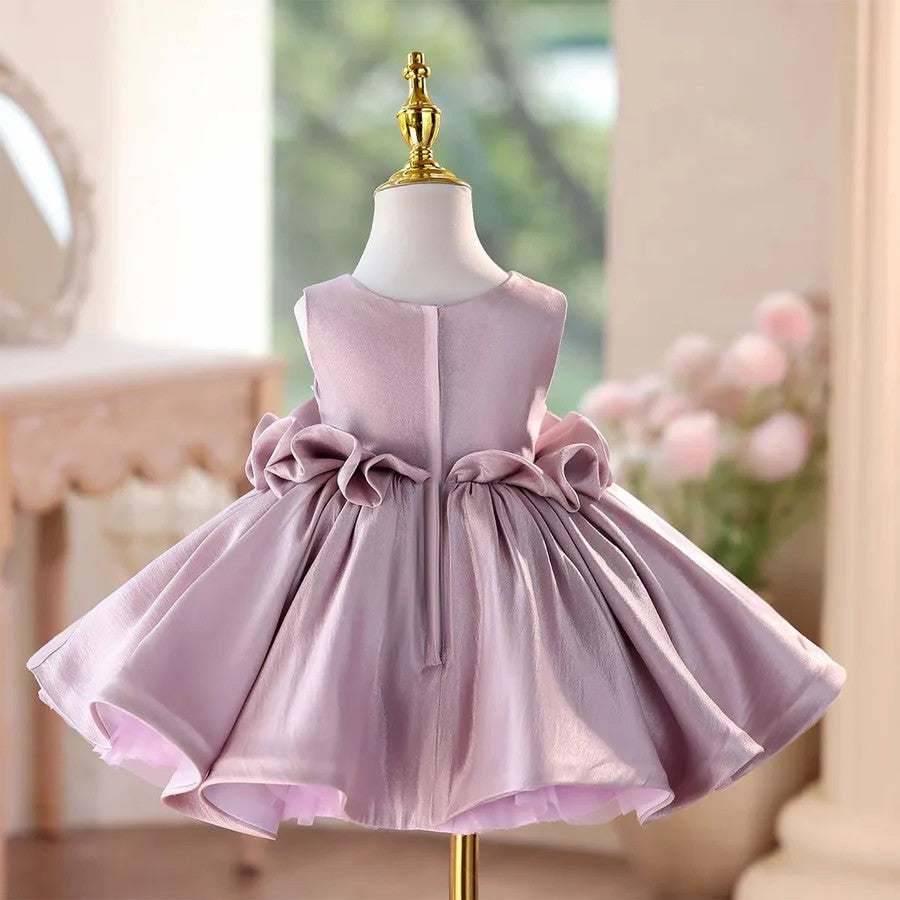 TinyTulle Lilac Satin V-Neck Princess Flower Girl Dress with Beaded &amp; Pleated Bodice