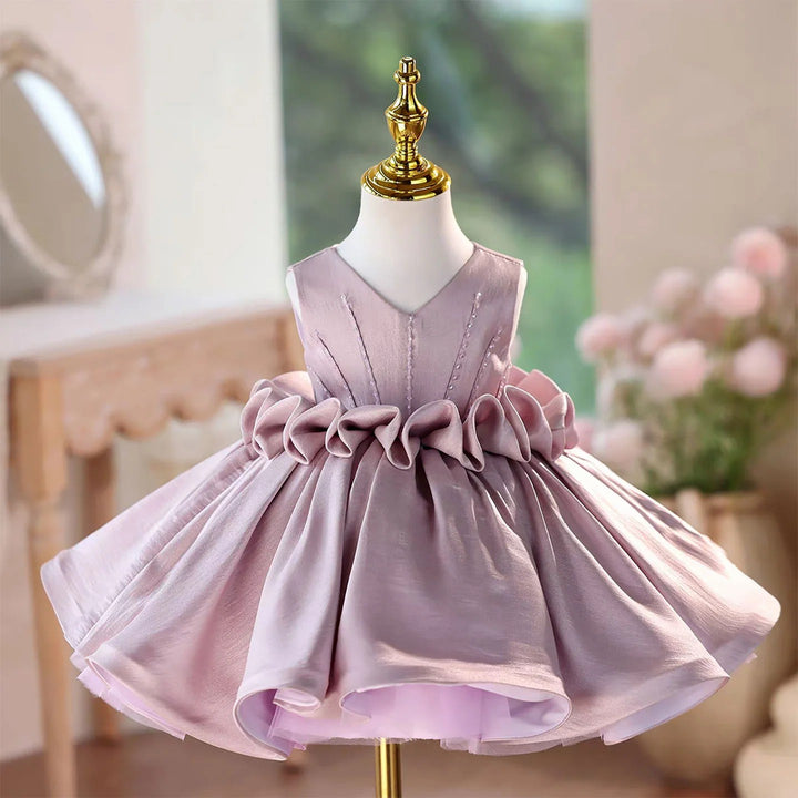 TinyTulle Lilac Satin V-Neck Princess Flower Girl Dress with Beaded &amp; Pleated Bodice