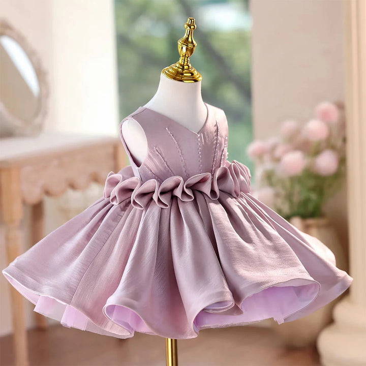 TinyTulle Lilac Satin V-Neck Princess Flower Girl Dress with Beaded &amp; Pleated Bodice