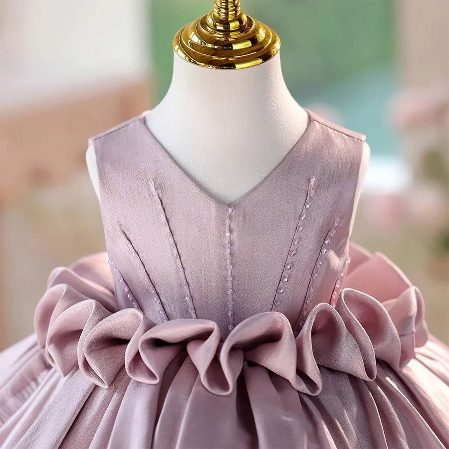 TinyTulle Lilac Satin V-Neck Princess Flower Girl Dress with Beaded &amp; Pleated Bodice