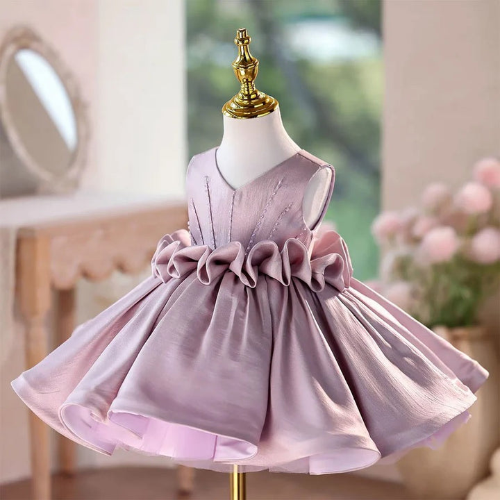 TinyTulle Lilac Satin V-Neck Princess Flower Girl Dress with Beaded &amp; Pleated Bodice