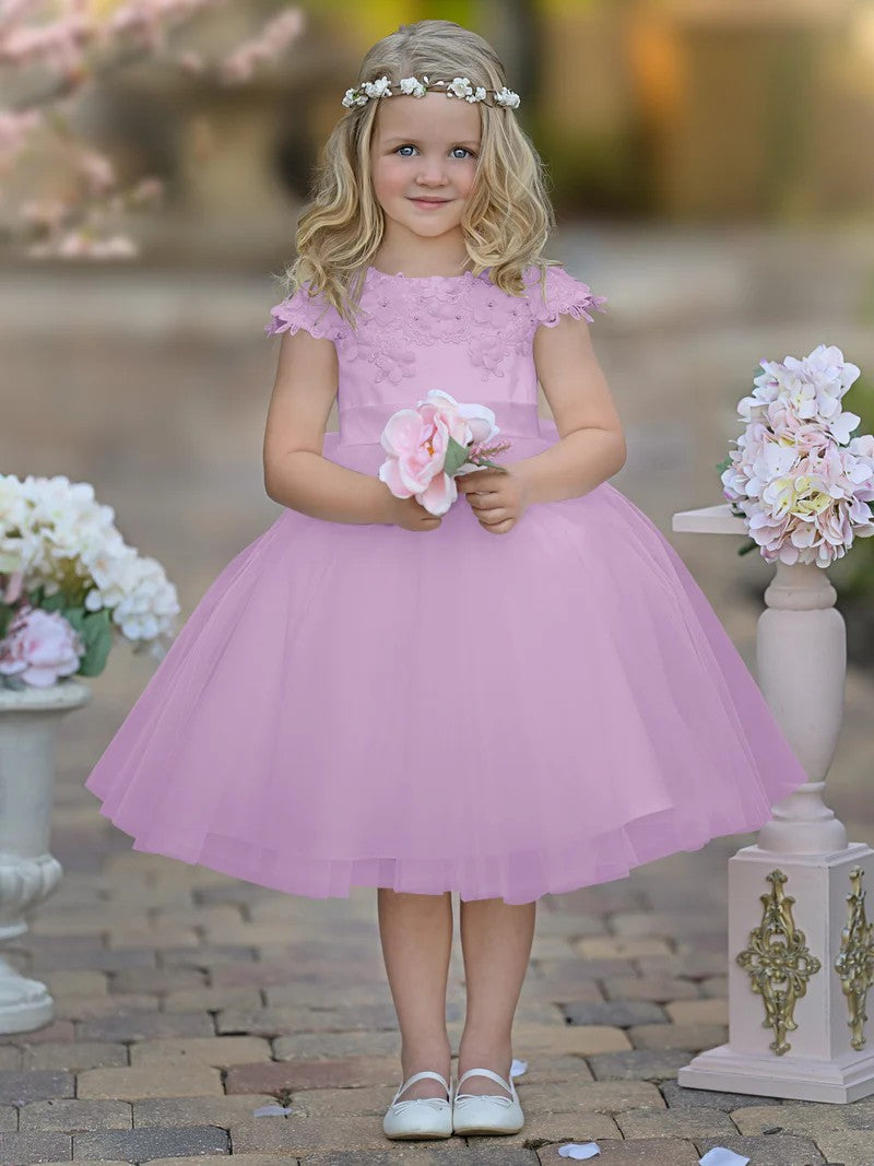 TinyTulle White Satin Tulle Tea-Length Flower Girl Dress for First Communion &amp; Wedding