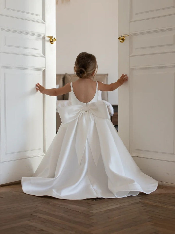 TinyTulle Elegant Satin Sleeveless Wedding Flower Girl Dress with Bow
