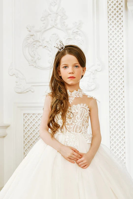 TinyTulle Elegant Tulle Gown First Communion Flower Girl Dress with High Neckline