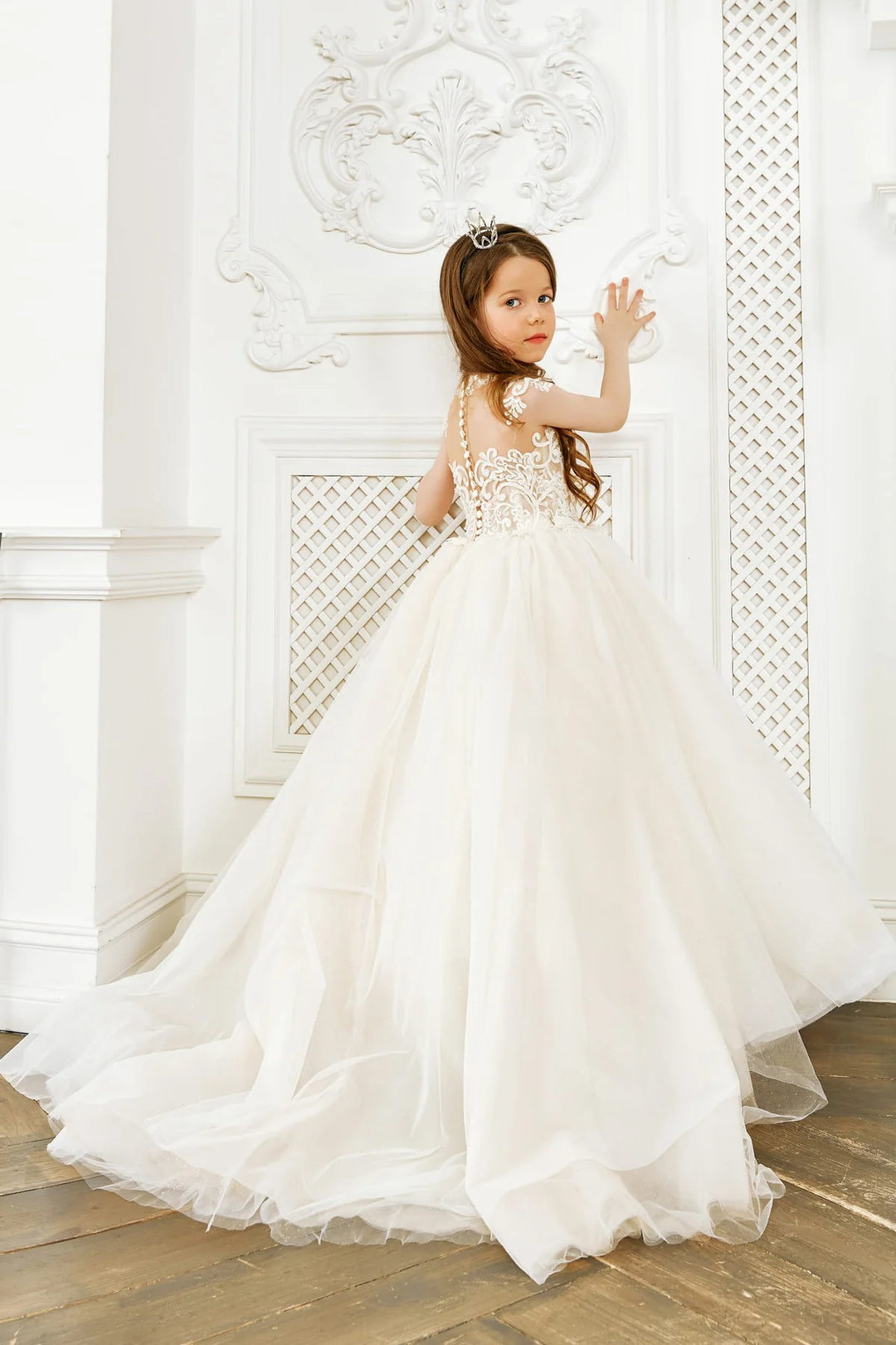 TinyTulle Elegant Tulle Gown First Communion Flower Girl Dress with High Neckline
