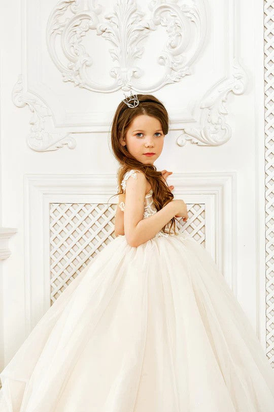 TinyTulle Elegant Tulle Gown First Communion Flower Girl Dress with High Neckline