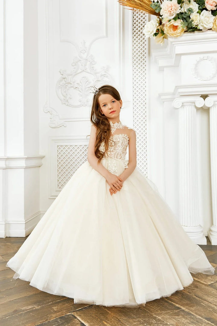 TinyTulle Elegant Tulle Gown First Communion Flower Girl Dress with High Neckline