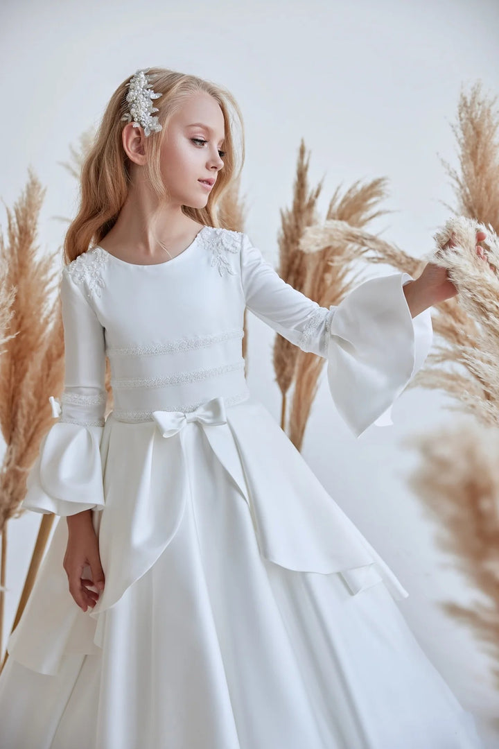 TinyTulle Elegant Satin Communion Flower Girl Dress with Peplum Detail and Bell Sleeves
