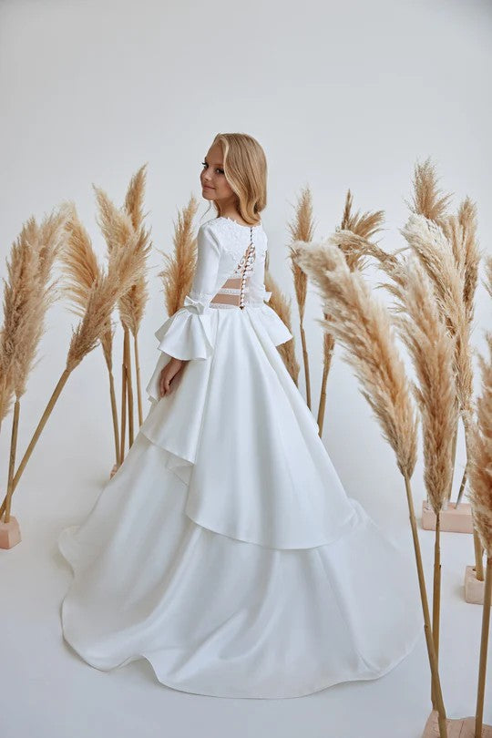 TinyTulle Elegant Satin Communion Flower Girl Dress with Peplum Detail and Bell Sleeves