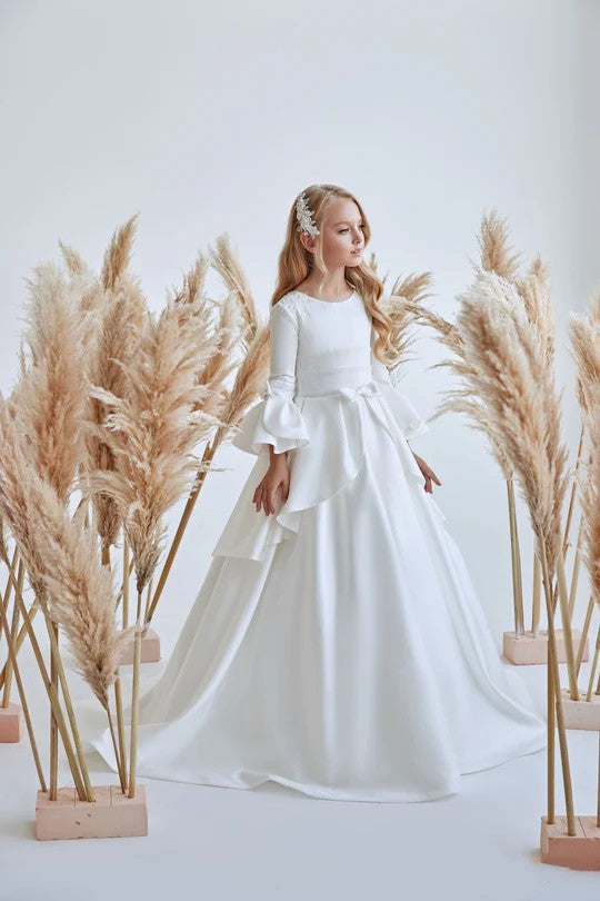 TinyTulle Elegant Satin Communion Flower Girl Dress with Peplum Detail and Bell Sleeves