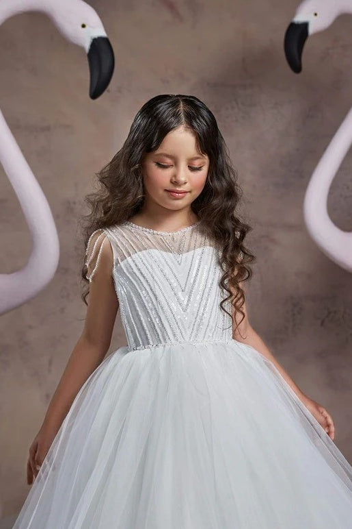 TinyTulle White Sleeveless Tulle Ball Gown Flower Girl Dress with Beasded Details