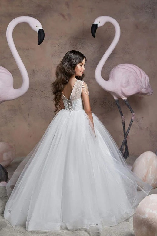 TinyTulle White Sleeveless Tulle Ball Gown Flower Girl Dress with Beasded Details
