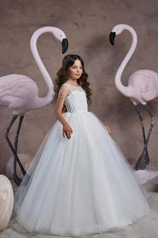 TinyTulle White Sleeveless Tulle Ball Gown Flower Girl Dress with Beasded Details