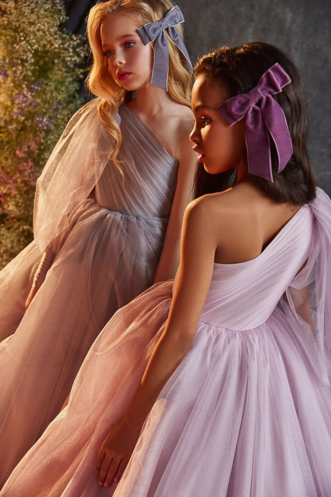 TinyTulle Dreamy Dusty Pink One-Shoulder Tulle Ball Gown Flower Girl Dress