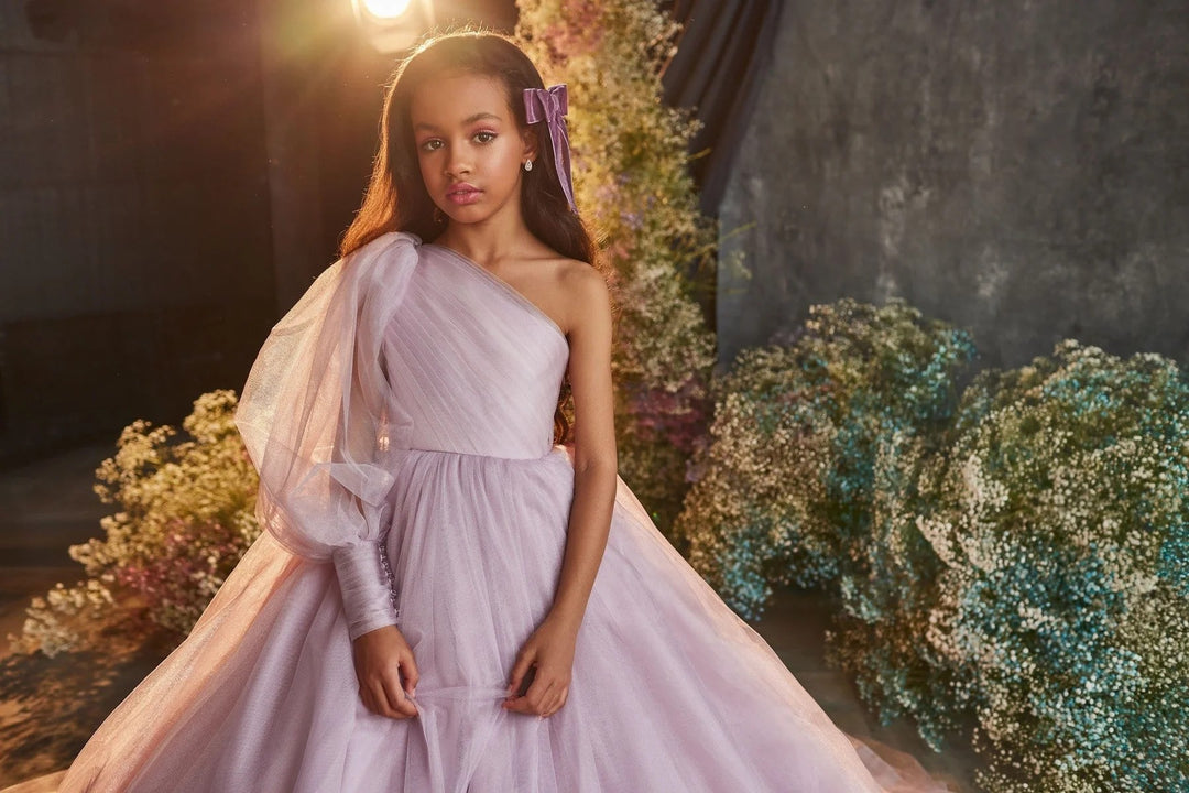 TinyTulle Dreamy Dusty Pink One-Shoulder Tulle Ball Gown Flower Girl Dress
