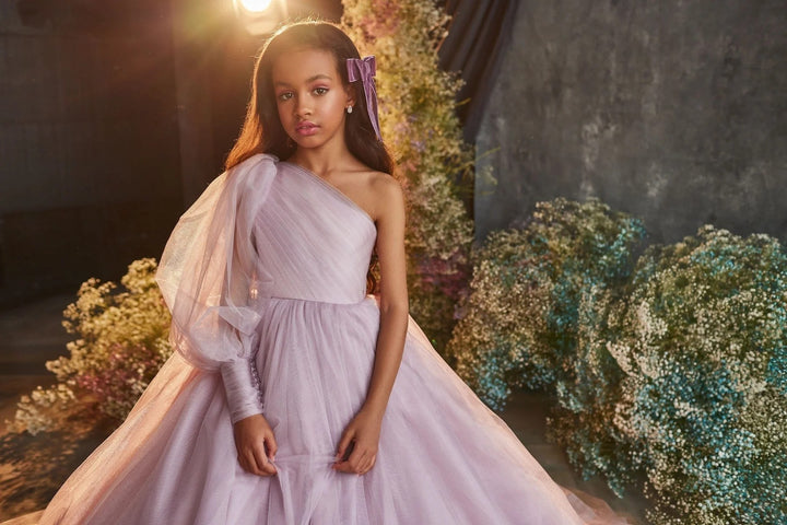 TinyTulle Dreamy Dusty Pink One-Shoulder Tulle Ball Gown Flower Girl Dress