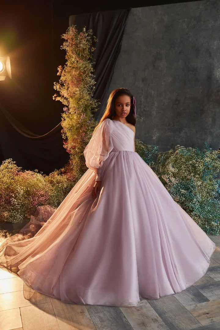TinyTulle Dreamy Dusty Pink One-Shoulder Tulle Ball Gown Flower Girl Dress