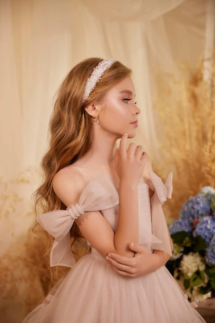 TinyTulle Blush Pink Elegant Tulle Princess Flower Girl Dress with Bow Accents