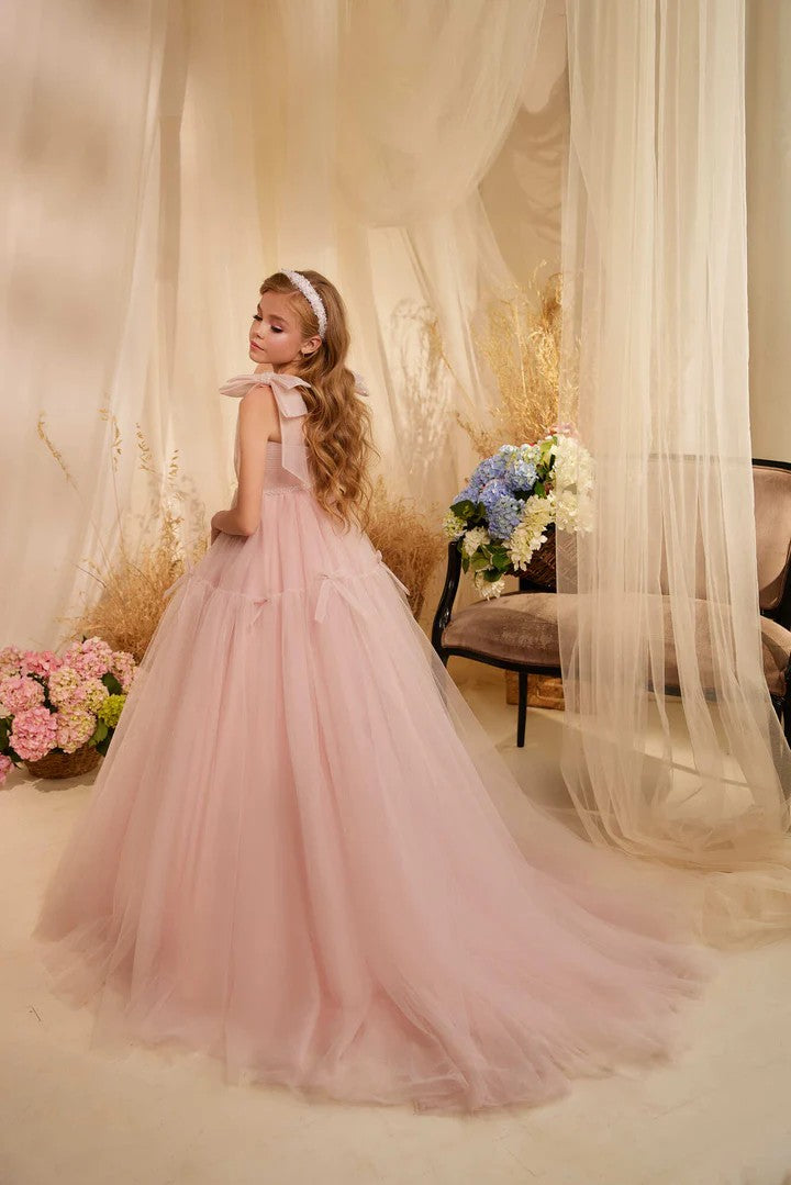 TinyTulle Blush Pink Elegant Tulle Princess Flower Girl Dress with Bow Accents
