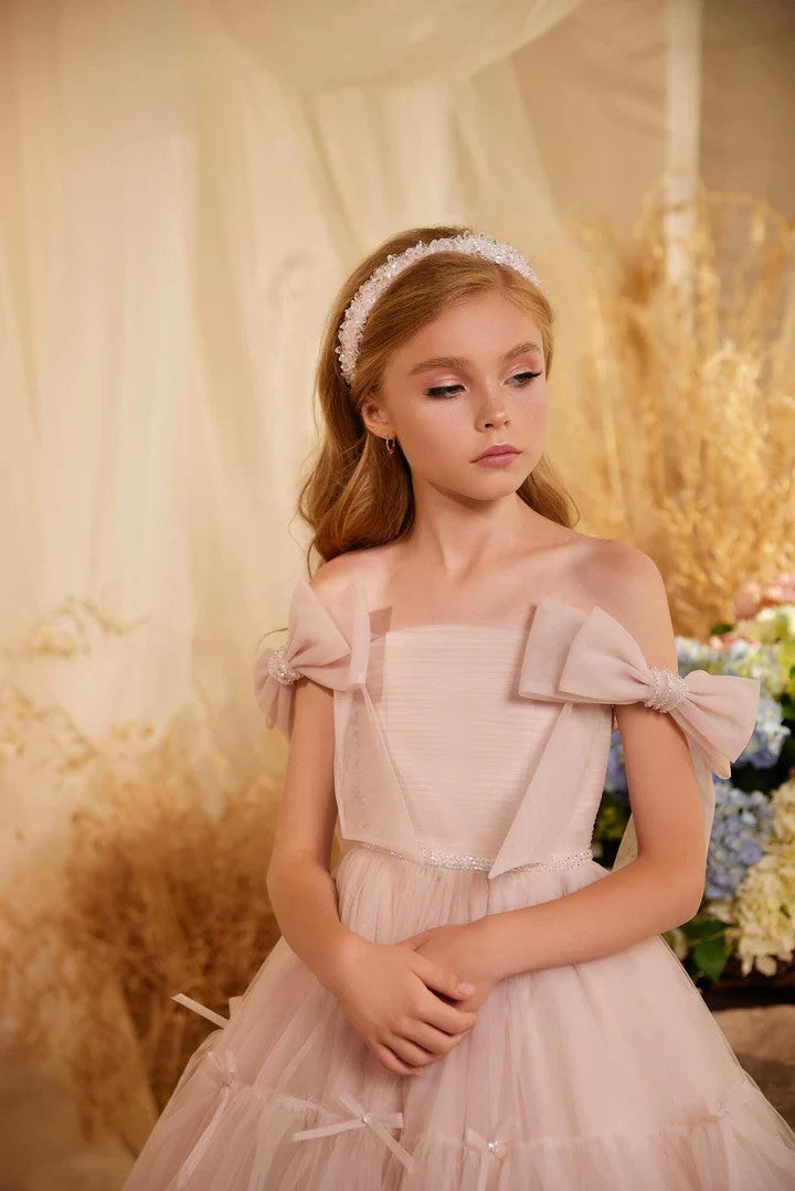 TinyTulle Blush Pink Elegant Tulle Princess Flower Girl Dress with Bow Accents