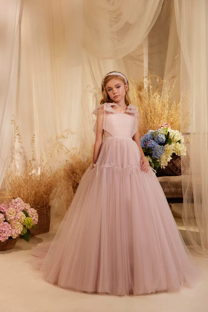TinyTulle Blush Pink Elegant Tulle Princess Flower Girl Dress with Bow Accents