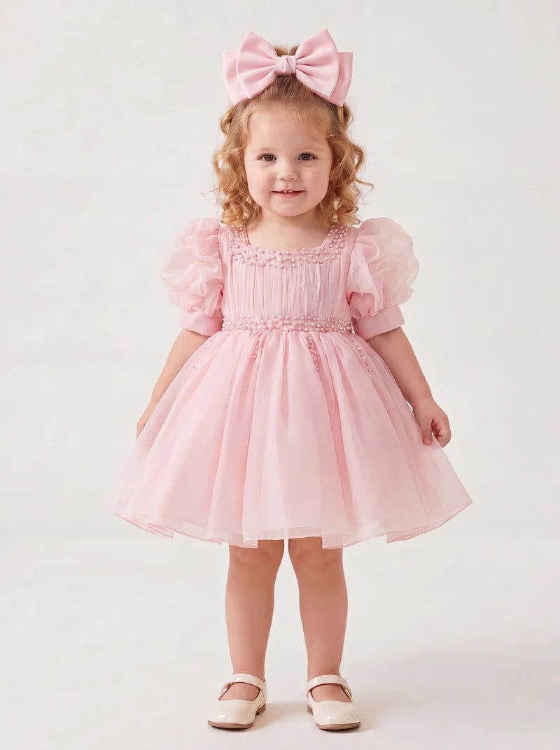 TinyTulle Blush Pink Tulle Baby Girl Dress with Puff Sleeves &amp; Pearl Beaded Details