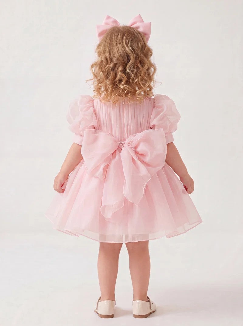 TinyTulle Blush Pink Tulle Baby Girl Dress with Puff Sleeves &amp; Pearl Beaded Details