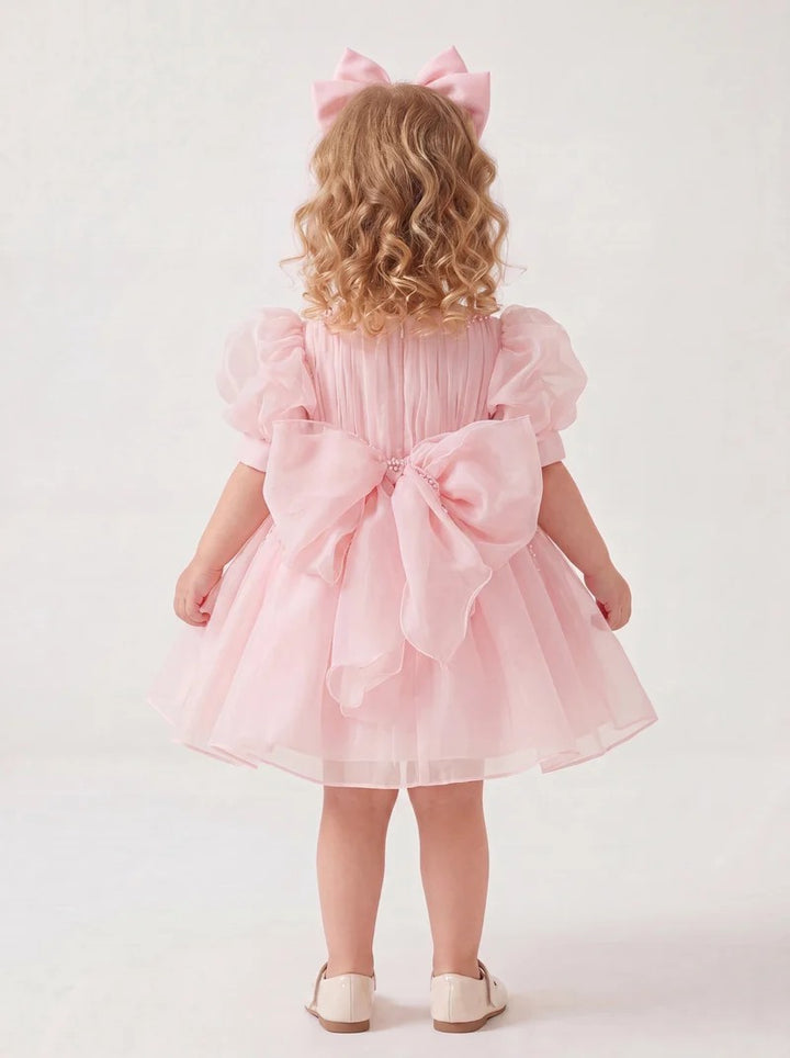 TinyTulle Blush Pink Tulle Baby Girl Dress with Puff Sleeves &amp; Pearl Beaded Details