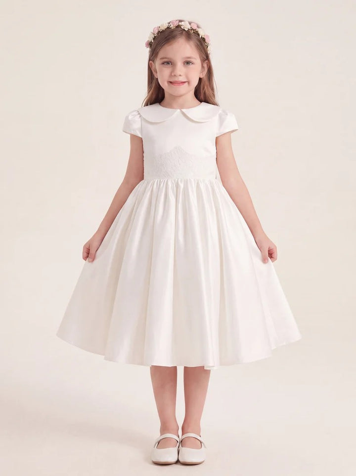 TinyTulle Ivory Satin A-Line Dress with Cap Sleeves for First Communion &amp; Flower Girls