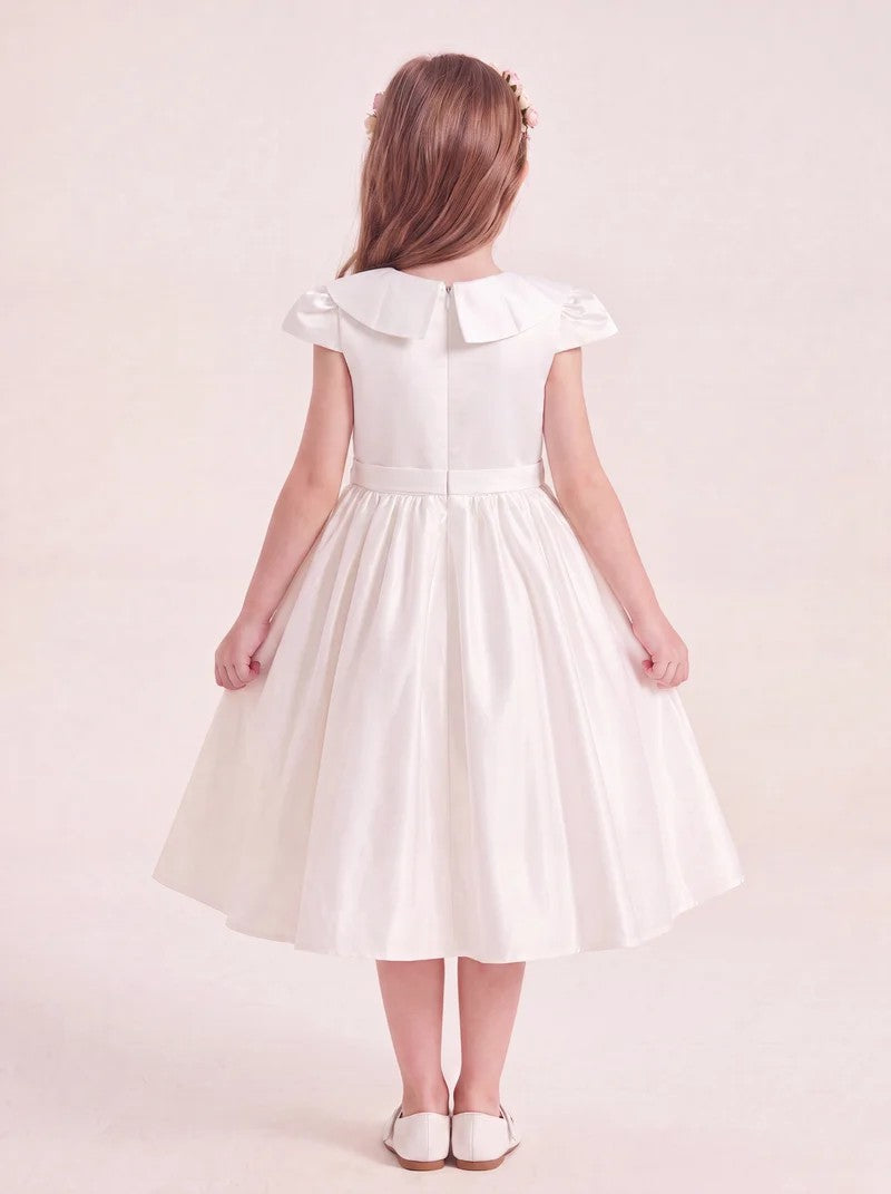 TinyTulle Ivory Satin A-Line Dress with Cap Sleeves for First Communion &amp; Flower Girls