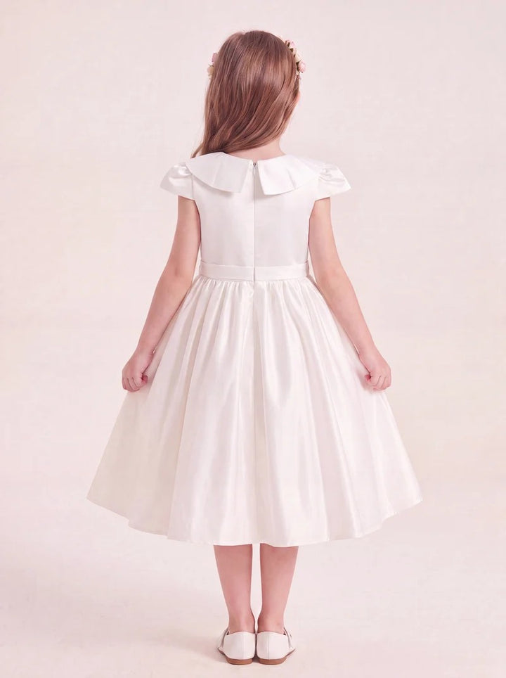 TinyTulle Ivory Satin A-Line Dress with Cap Sleeves for First Communion &amp; Flower Girls