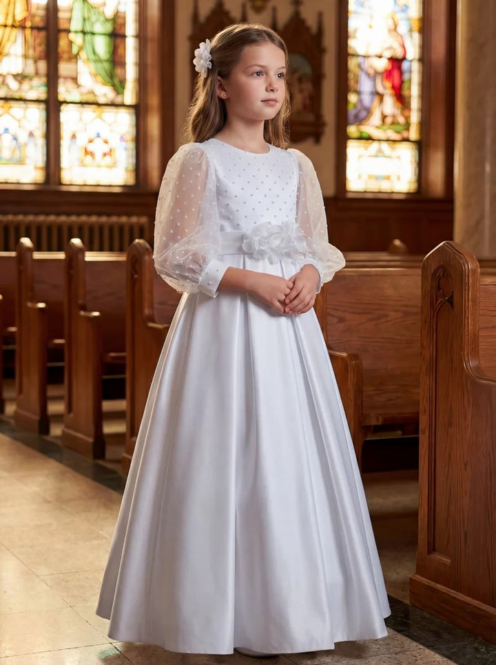 TinyTulle Elegant White Satin Dress with Long Illusion Sleeves for First Communion &amp; Weddings