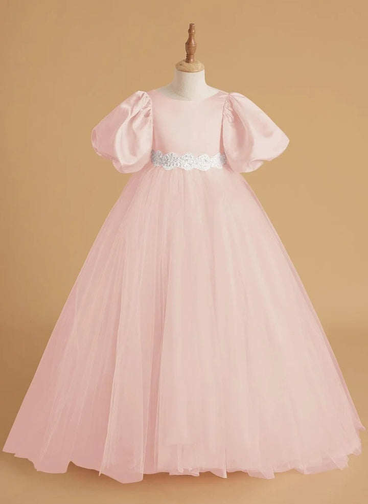 TinyTulle Elegant Satin &amp; Tulle Puff Sleeve Ball Gown with Beaded Waistband for First Communion &amp; Weddings