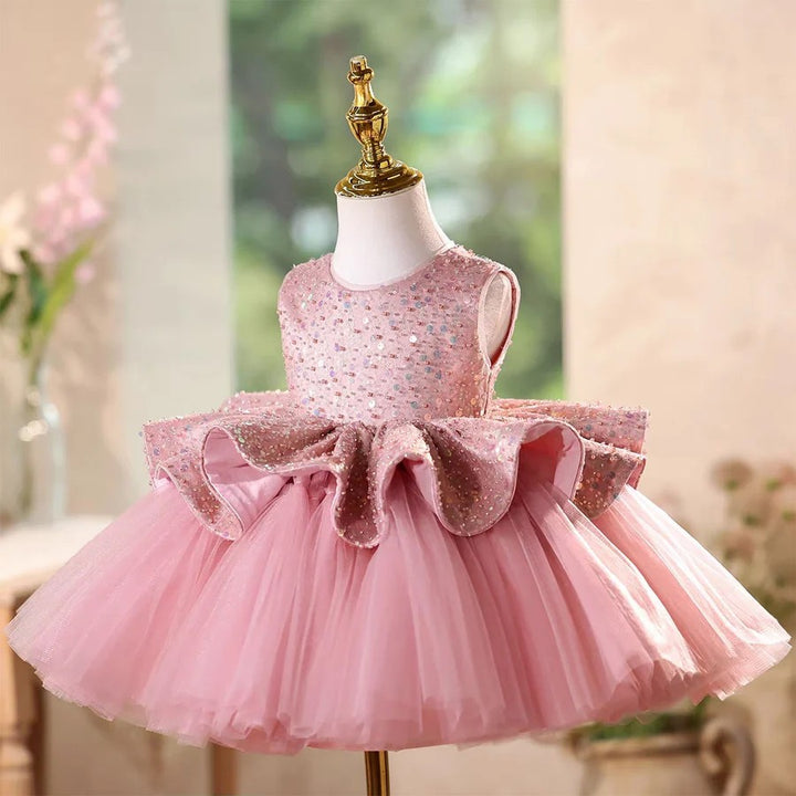TinyTulle Baby Girl Pink Sequin Sleeveless Tulle Ball Gown Dress for Birthday Party