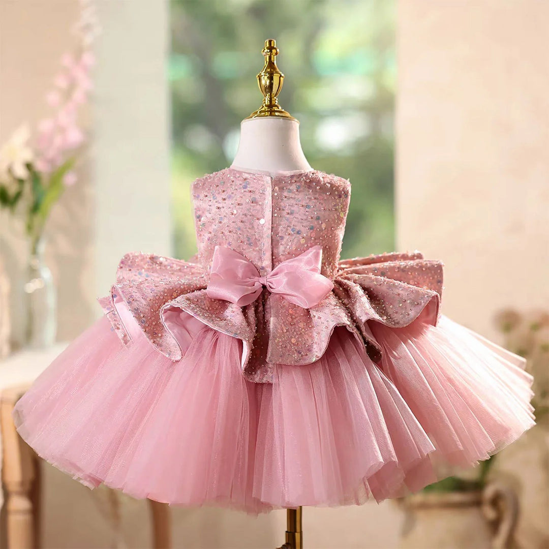 TinyTulle Baby Girl Pink Sequin Sleeveless Tulle Ball Gown Dress for Birthday Party