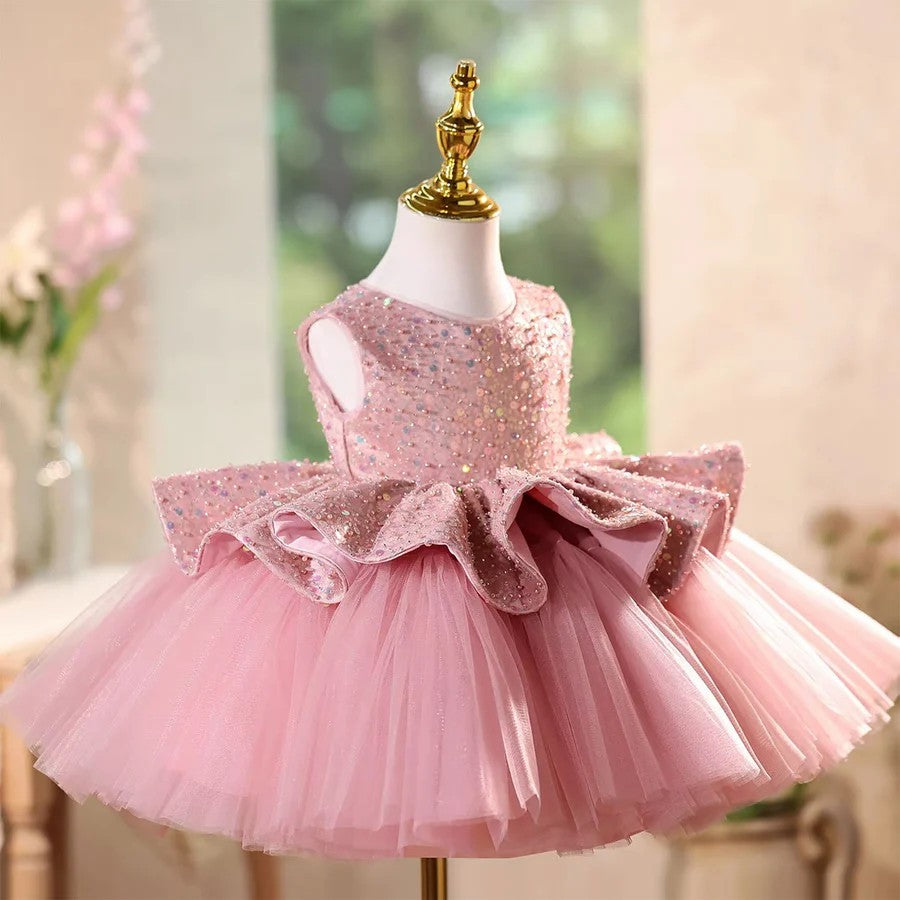 TinyTulle Baby Girl Pink Sequin Sleeveless Tulle Ball Gown Dress for Birthday Party