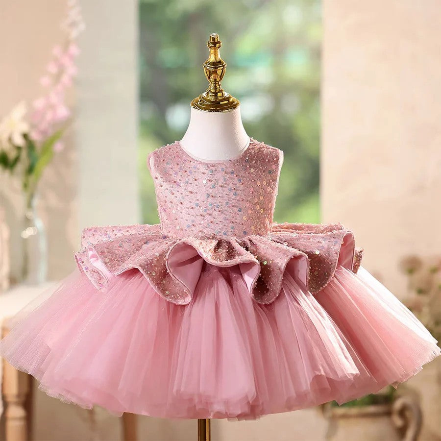 TinyTulle Baby Girl Pink Sequin Sleeveless Tulle Ball Gown Dress for Birthday Party