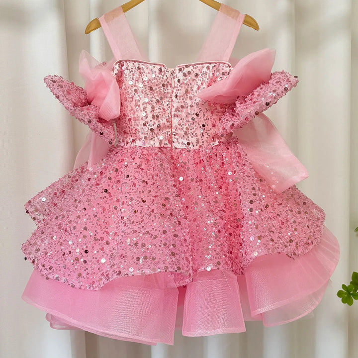 TinyTulle Sparkly Pink Knee-Length Flower Girl Dress with Big Bow