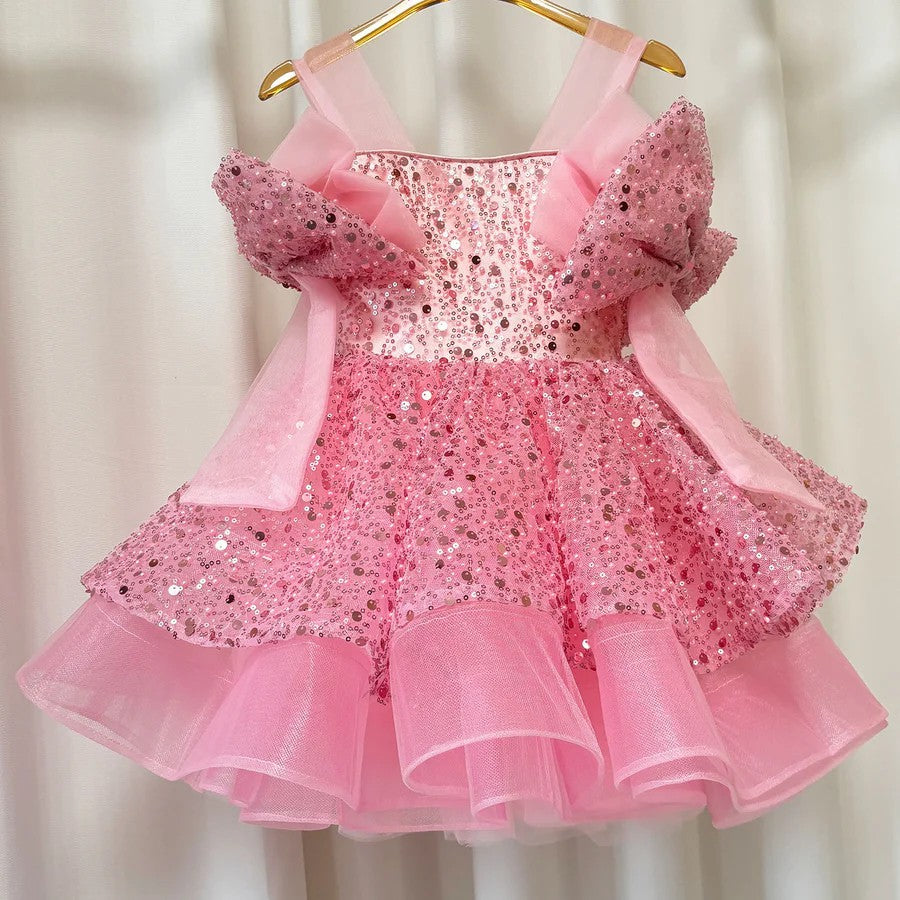 TinyTulle Sparkly Pink Knee-Length Flower Girl Dress with Big Bow