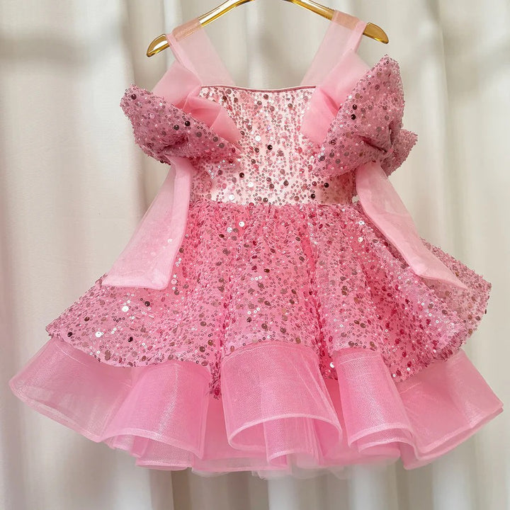 TinyTulle Sparkly Pink Knee-Length Flower Girl Dress with Big Bow