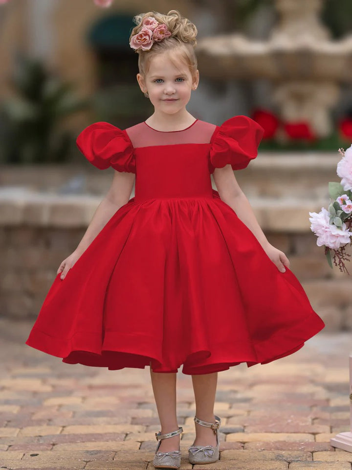 TinyTulle Elegant Puff Sleeve Satin A-Line Flower Girl Dress with Bow