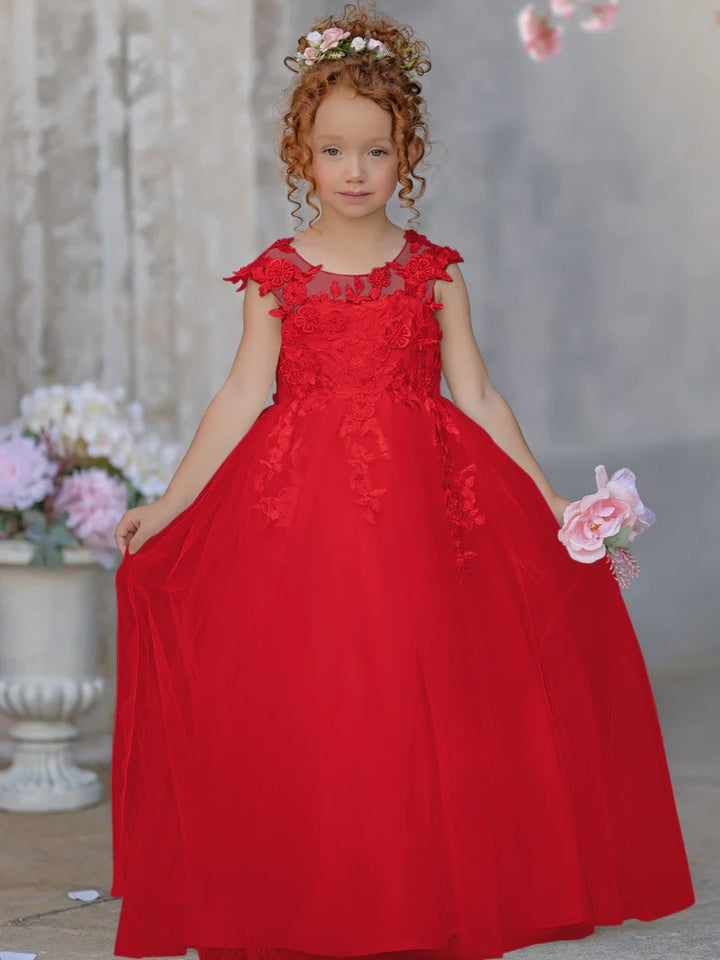 TinyTulle Elegant Sleeveless Floral Appliqué Tulle Floor-Length Flower Girl Dress