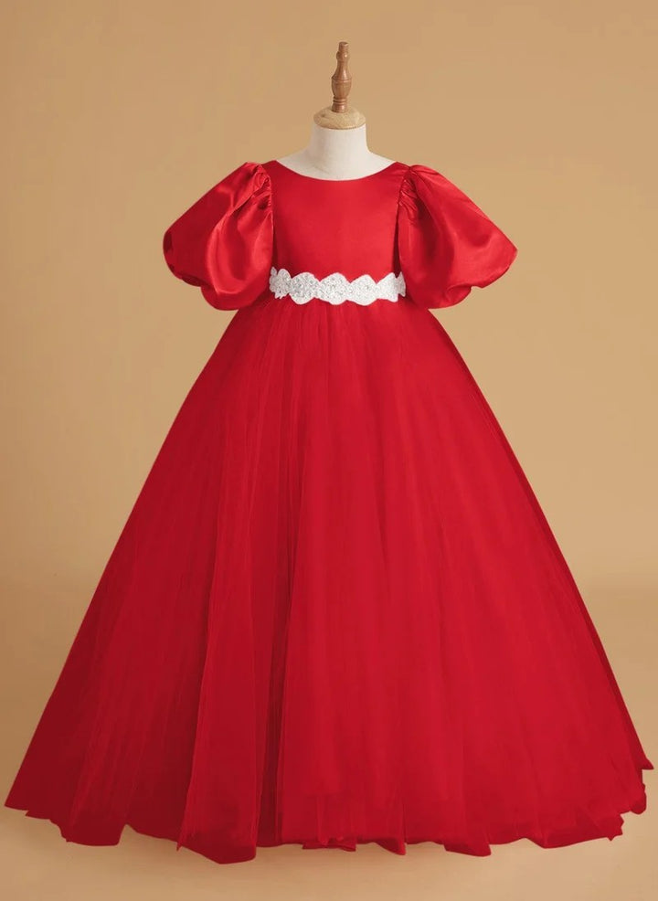 TinyTulle Elegant Satin &amp; Tulle Puff Sleeve Ball Gown with Beaded Waistband for First Communion &amp; Weddings