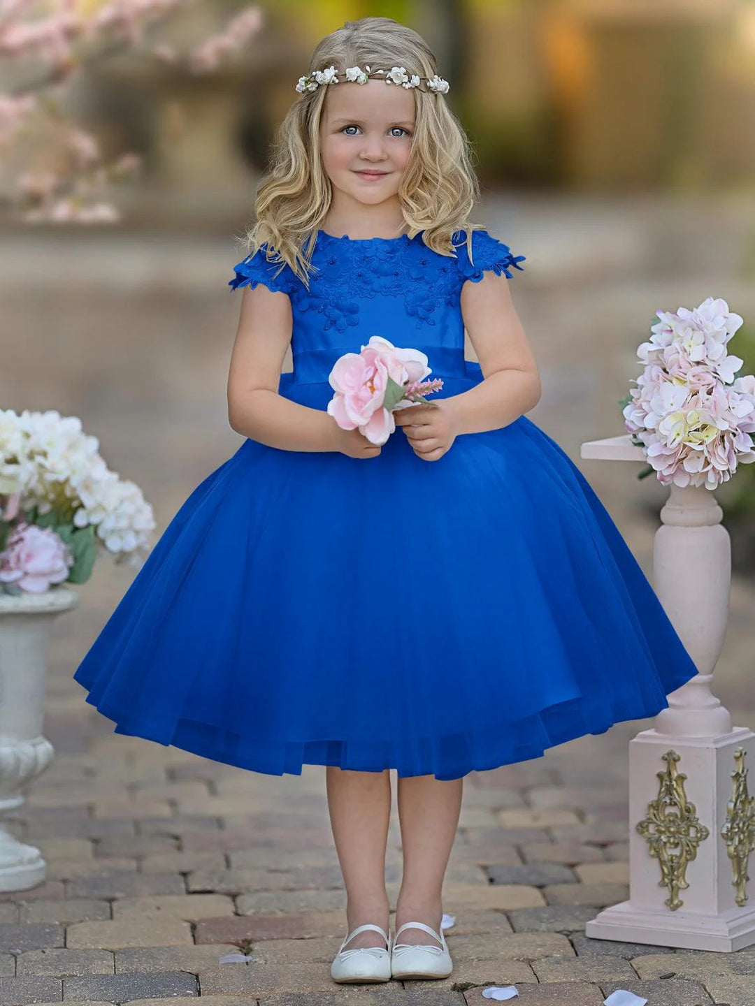 TinyTulle White Satin Tulle Tea-Length Flower Girl Dress for First Communion &amp; Wedding