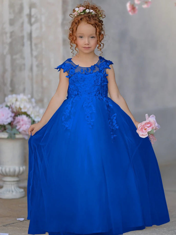 TinyTulle Elegant Sleeveless Floral Appliqué Tulle Floor-Length Flower Girl Dress